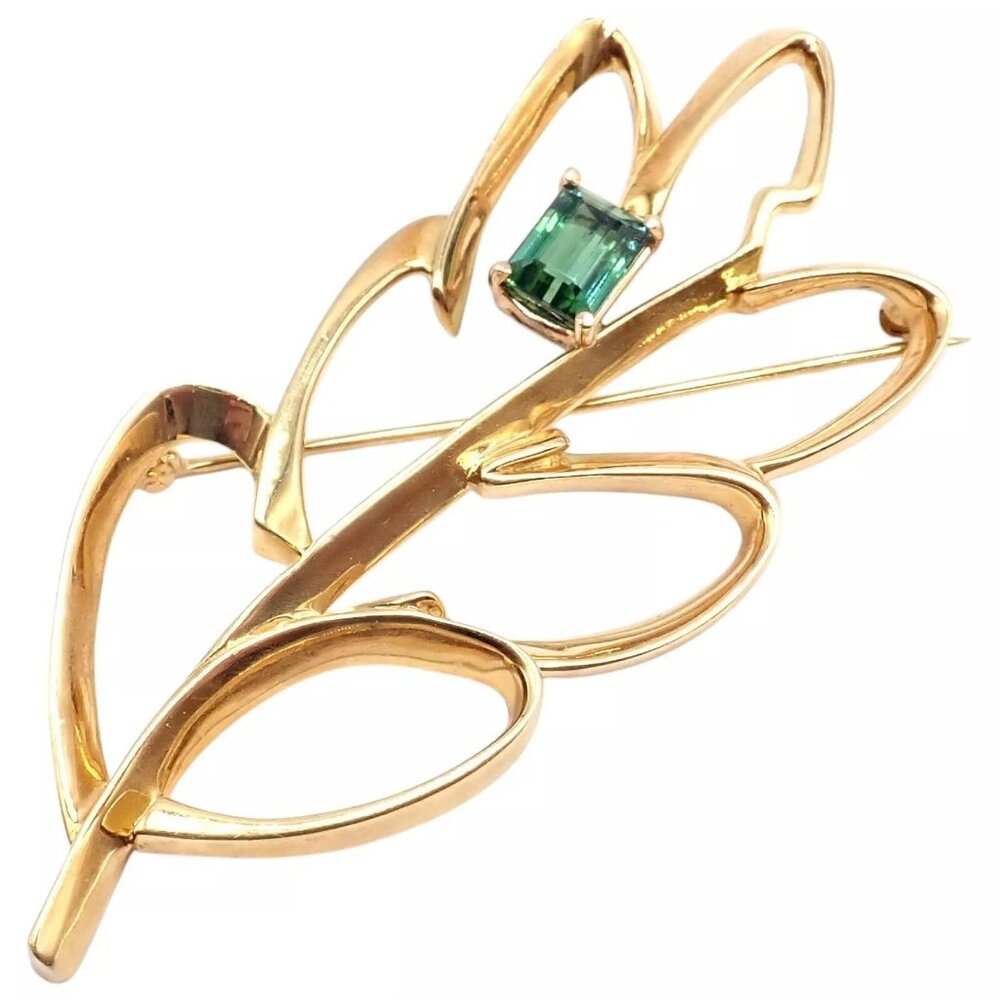 Vintage Tiffany & Co Paloma Picasso 18k Yellow Gold Green Tourmaline Leaf Brooch